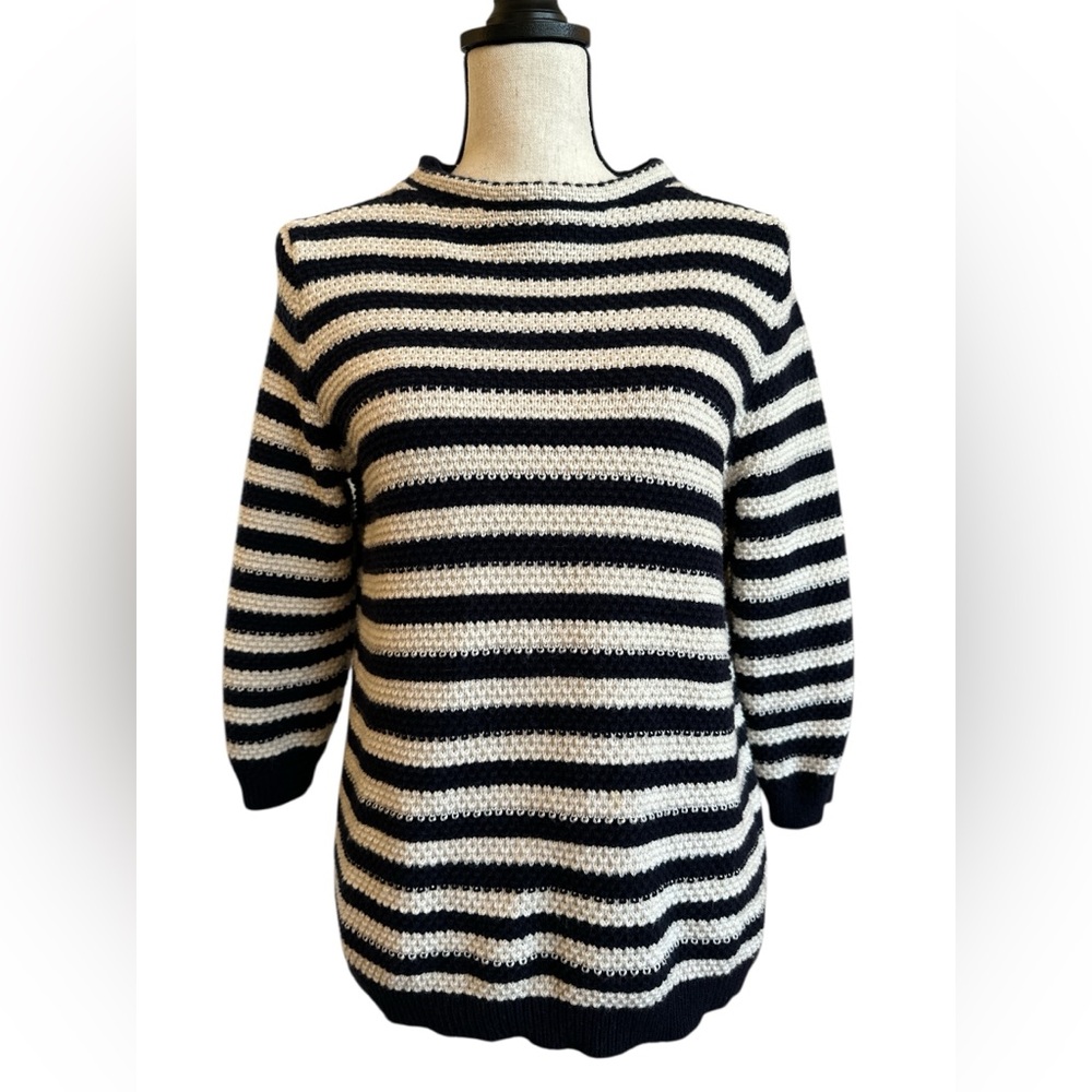 Boden Navy Blue & Cream Striped Wool-Blend Knit Sweater | Size Small/Medium